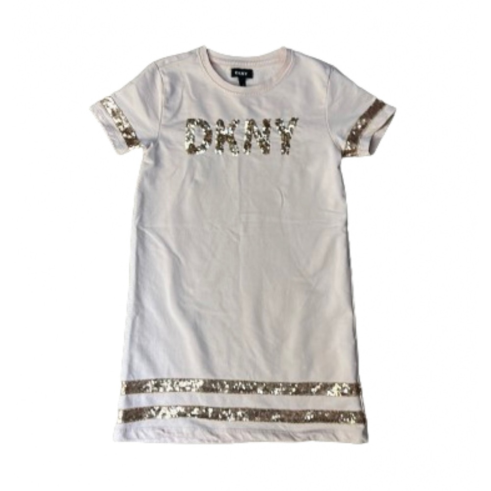 DKNY girls soft pink Tshirt dress with gold trim and gold glittery DKNY